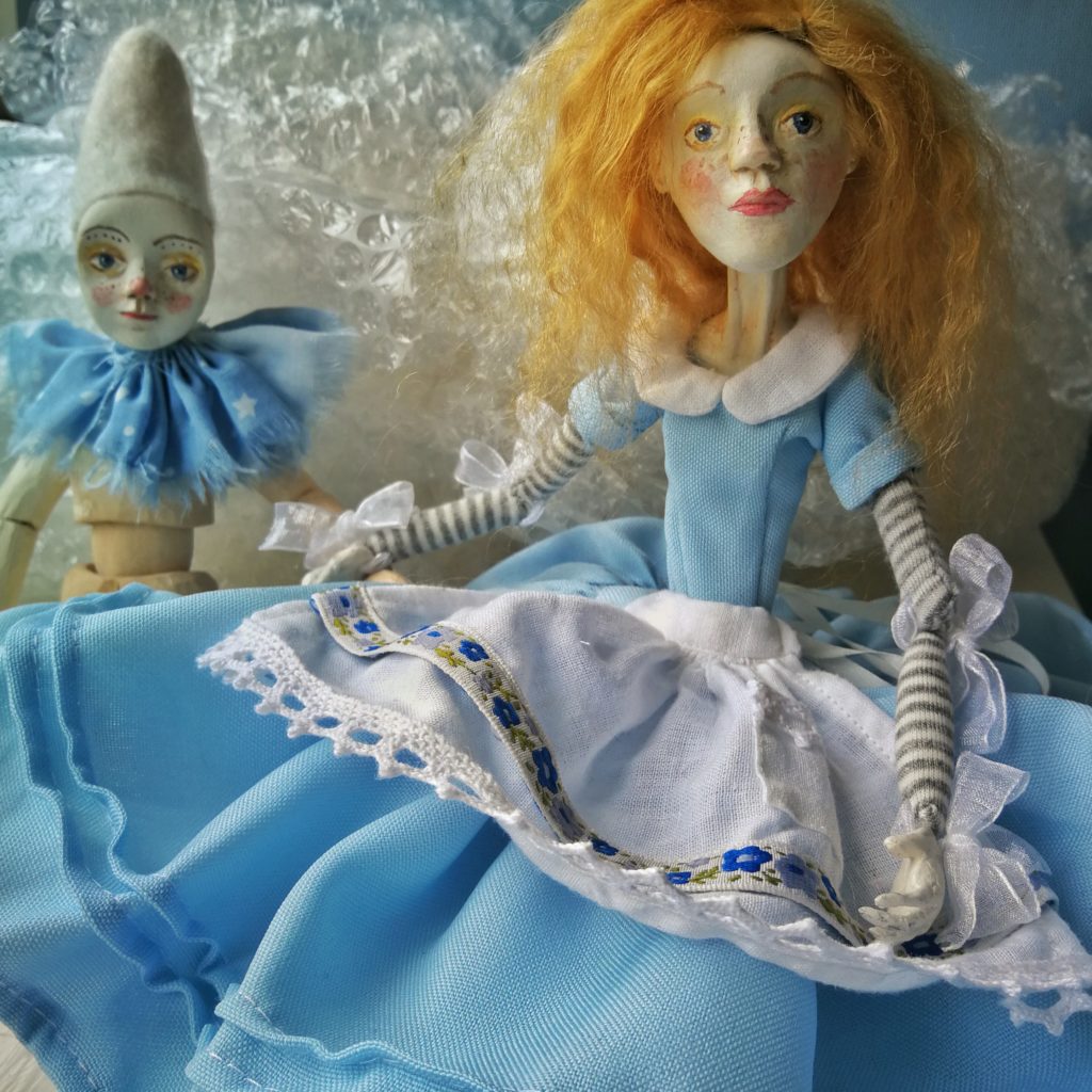 Alice clay art doll and Maurice Wooden Art Doll