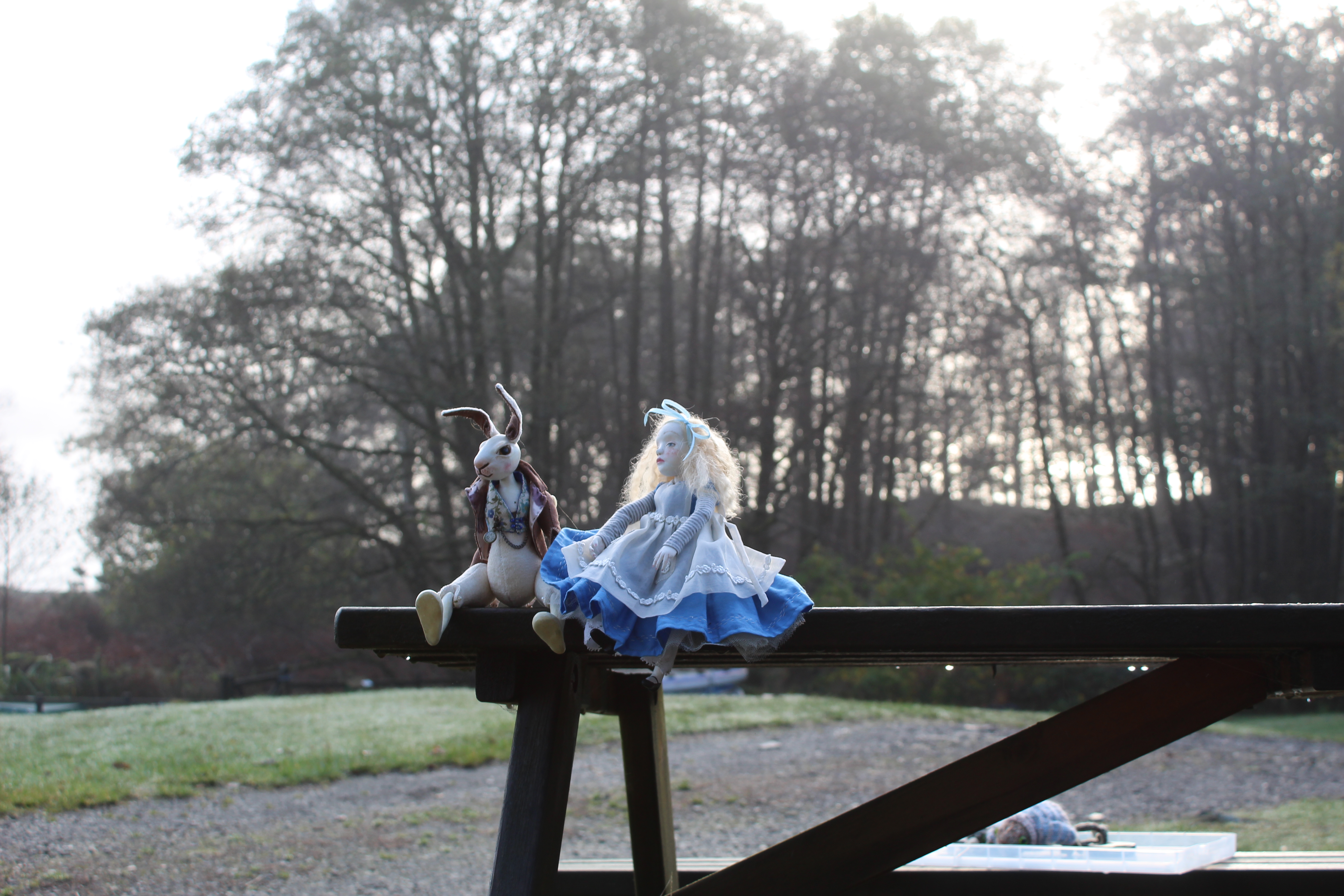 Alice and the White Rabbit sit in the afternoon sun